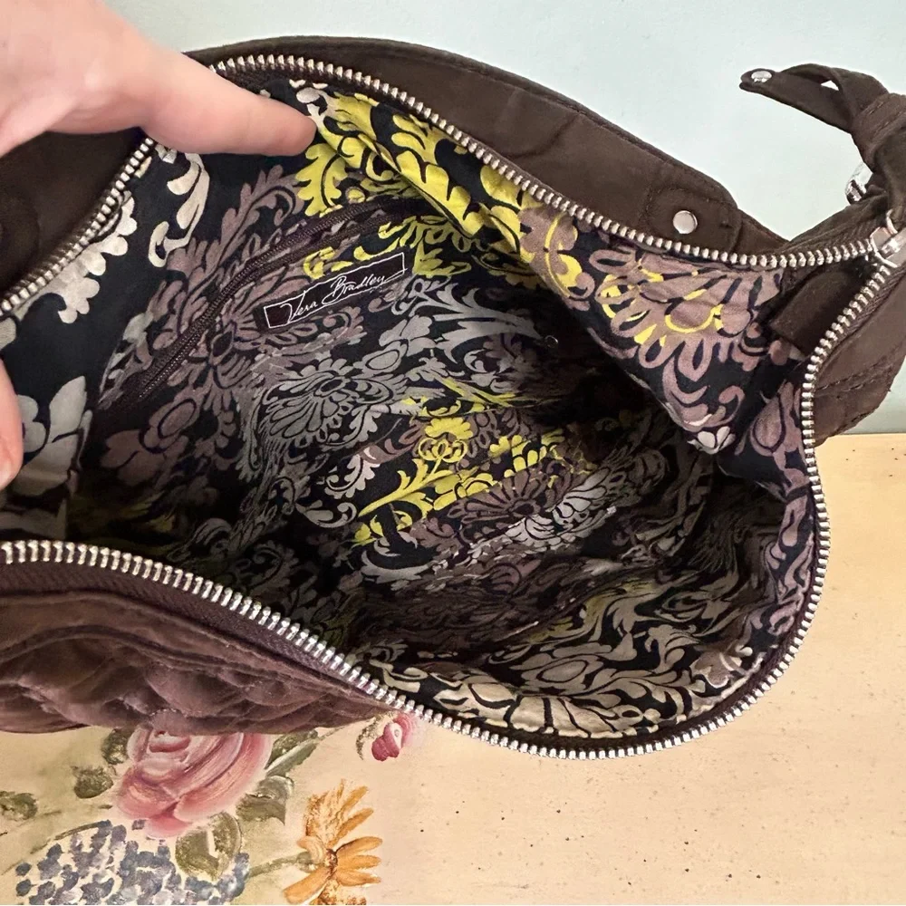 Vera Bradley Brown Quilted Floral Lined Hobo Purse Bag